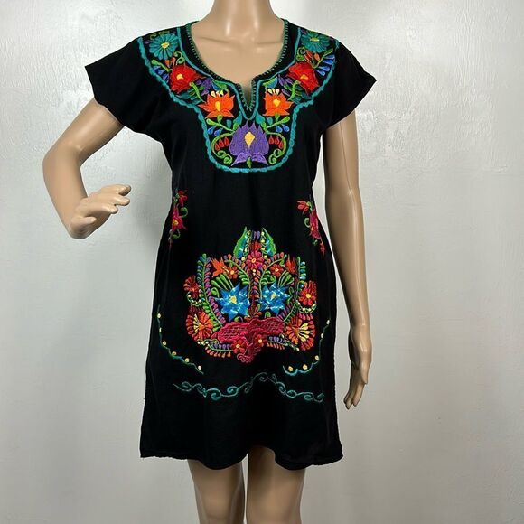 Vestido Traditional Mexican Black Embroidered Tunic Dress Size S - Picture 1 of 6